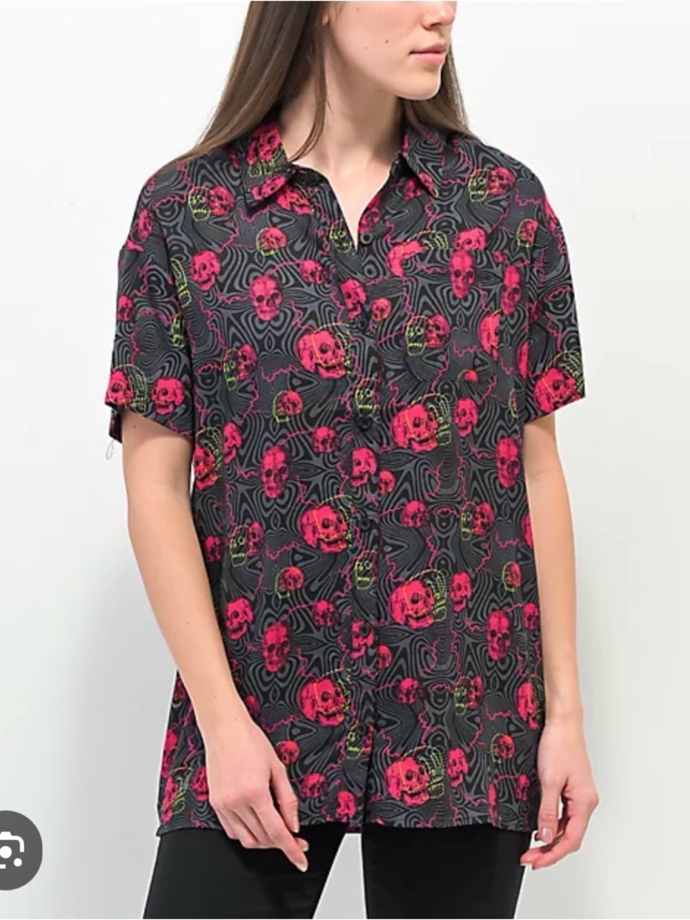 VItriol Black & Hot Pink Skull Print Short Sleeve  button down Shirt